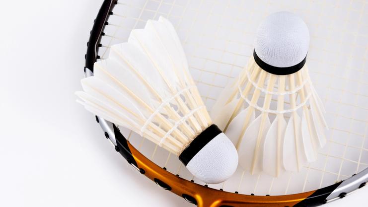 Zwei Federbälle liegen auf einem Badmintonschläger mit einem orangefarbenen Rahmen und schwarz-weißen Details.